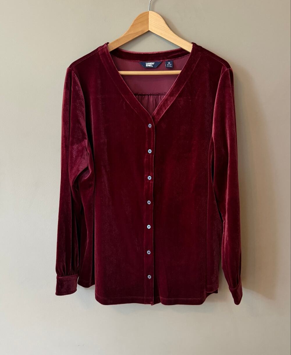 Lands' End Luxury Velvet Button-Down Long Sleeve Blouse Wine Berry 1X 16W-18W